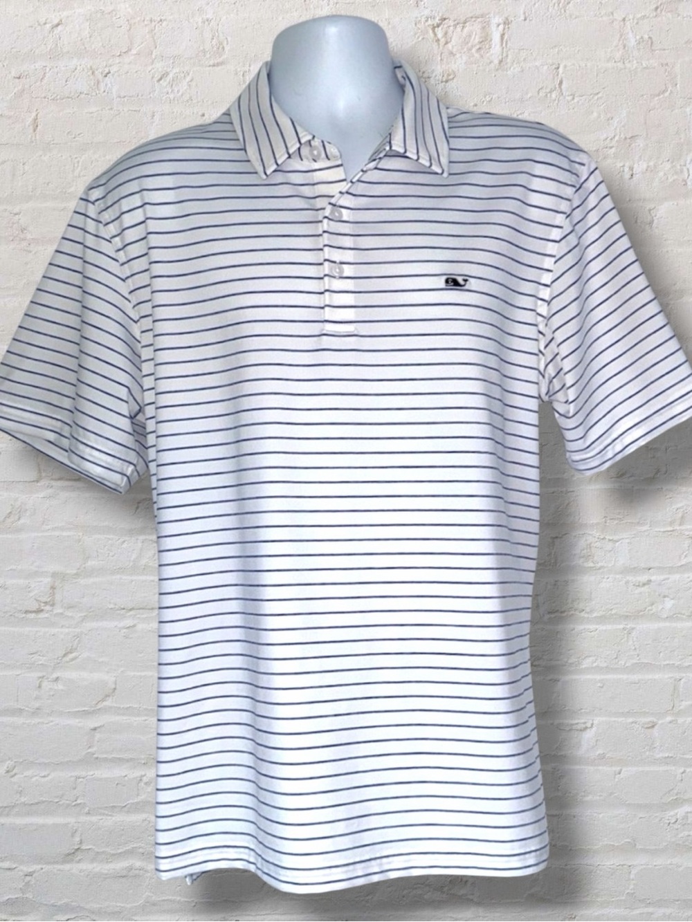 Vineyard Vines Performance Polo Shirt Large White Blue Stripe Whale Logo Golf